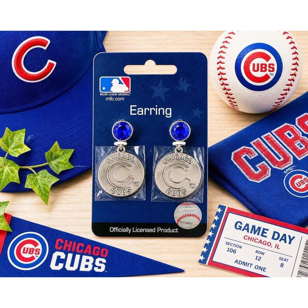 Chicago Cubs Dangle Earrings Blue Gem Silver Tone MLB Licensed NOS